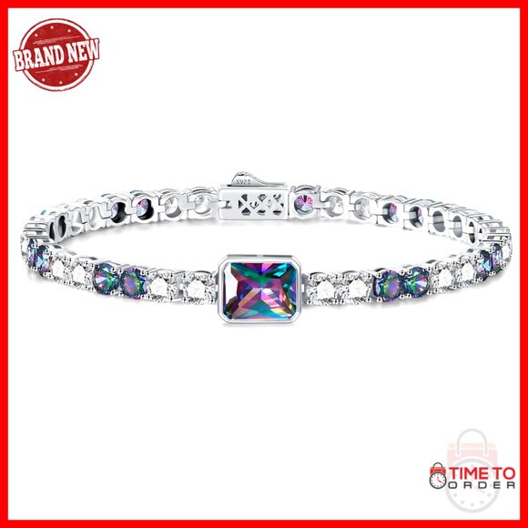 Sterling Silver Tennis Bracelet 7 Inch with Birthstones and Cubic Zirconia